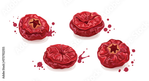A cluster of four delicious red raspberries with juice splatters.