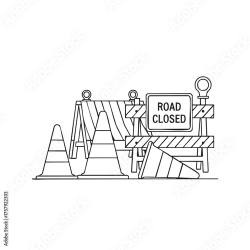 A minimalist line art illustration featuring essential road closed signs, traffic cones, and safety barriers, symbolizing construction work or a temporary detour.