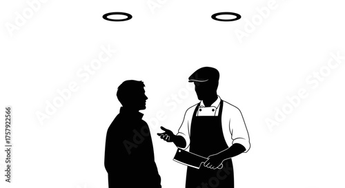 ethical choices a butcher and customers divine deliberation, isolated on transparent background