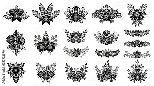 Flower Cluster Silhouette Icon Set – High-Quality Black Vector Illustrations of Multiple Flowers Arranged in Clusters and Patterns Representing Decorative Floral Design and Textile Inspiration