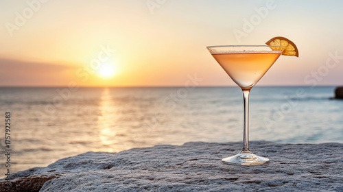 Elegant cocktail glass with slice of lemon, set against stunning sunset over ocean