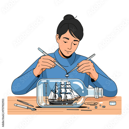 Building a model ship in a bottle hobby illustration