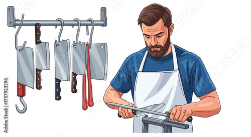 dedicated butcher sharpens cleaver, honing essential tools for expert service, isolated on transparent background