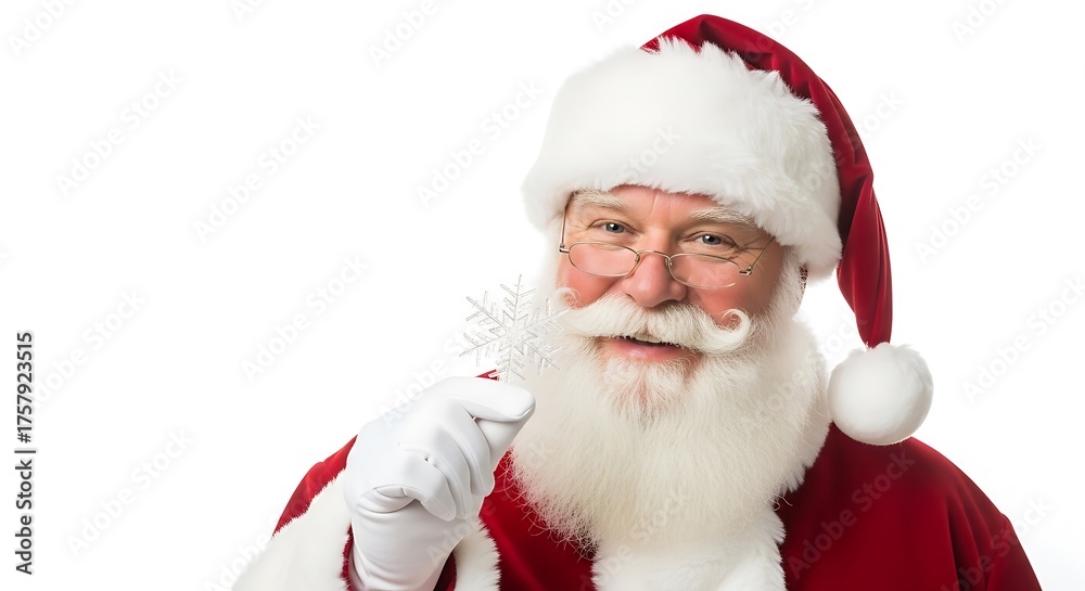 Naklejka premium A jolly Santa Claus wearing his iconic red suit and hat, holding a snowflake and smiling warmly.