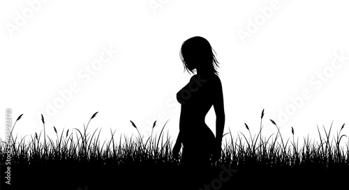 whispering grasses frame a womans graceful silhouette, natures gentle secret, isolated on transparent background
