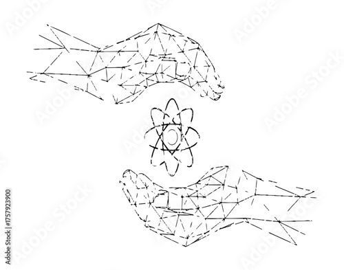 Conceptual Representation Wireframe Hands Enclosing Atom Symbol Depicting Scientific Discovery & Innovation