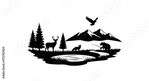 pristine wilderness majestic peaks guard peaceful forest dwellers and flowing waters, isolated on transparent background