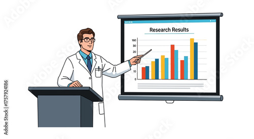 insightful speaker reveals data breakthroughs, guiding audience through compelling research findings, isolated on transparent background