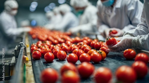 Workers sort fresh tomatoes in a busy production line at a food processing plant