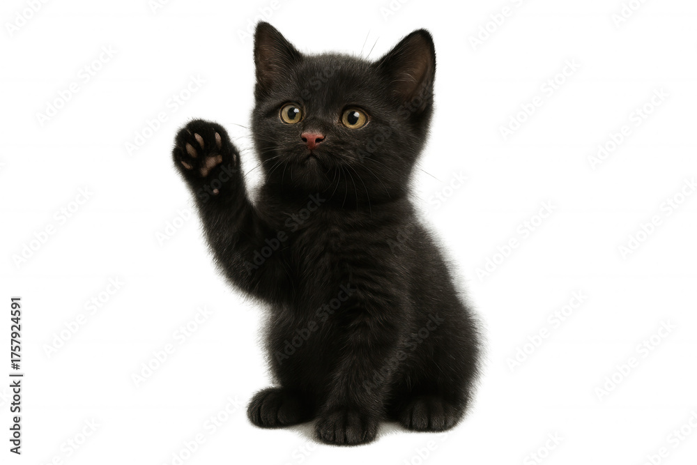 Obraz premium Black kitten raising paw, waving hello, looking at camera, cute pet on transparent background