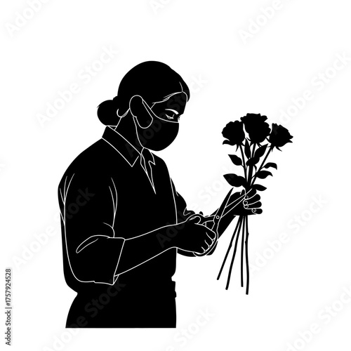masked florist delicately prunes roses, crafting beauty with purposeful care, isolated on transparent background