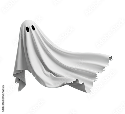 A white ghost with a white sheet draped over it, floating in the air.