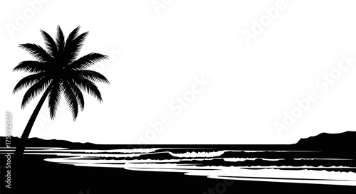 island paradise iconic palm tree overlooking tranquil ocean waves, isolated on transparent background