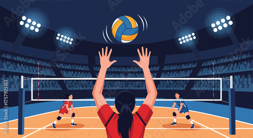 Volleyball player setting the ball during a game.