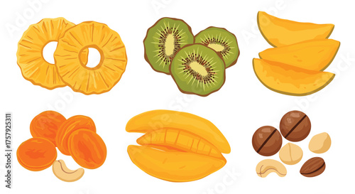 A vibrant assortment of delicious and healthy dried fruits and nuts on a plain background.