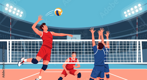 Volleyball players in action during a match one spiking the ball.
