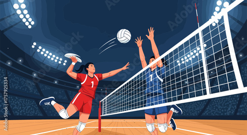 Volleyball players in action during a match spiking and blocking the ball.