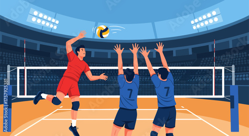 Volleyball players spiking ball during game.