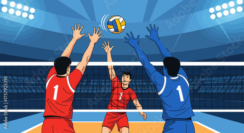 Volleyball players spiking ball during a match.