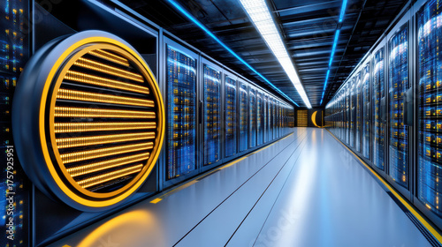 High tech data center with illuminated server racks and circular design elements