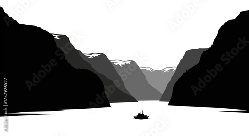 silent passage a lone vessel navigates majestic monochrome fjords with purpose, isolated on transparent background