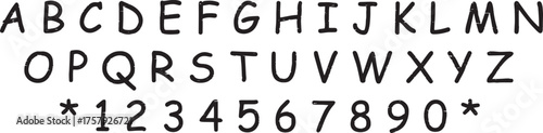 Hand drawn bold alphabet and numbers set in black textured style, playful uppercase letters A to Z with digits 0 to 9 and star symbols, grunge handwritten typography for posters, crafts, or graphic de