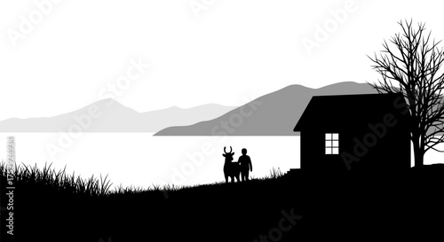 soulful solitude person and deer share a lakeside haven, majestic vista, isolated on transparent background