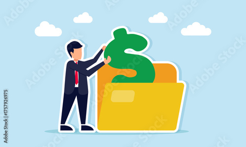 businessman pulling dollar sign from folder illustration of emergency fund application in a business company