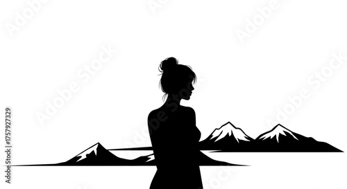 mountain muse womans contemplative silhouette meets natures grand horizon, isolated on transparent background