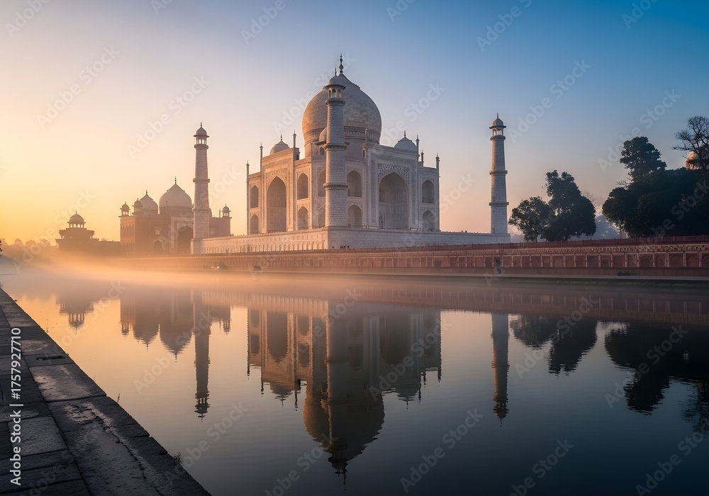 Fototapeta premium The majestic Taj Mahal standing gracefully at sunrise, with a light mist lingering over the water, providing a stunning reflection and a serene atmosphere