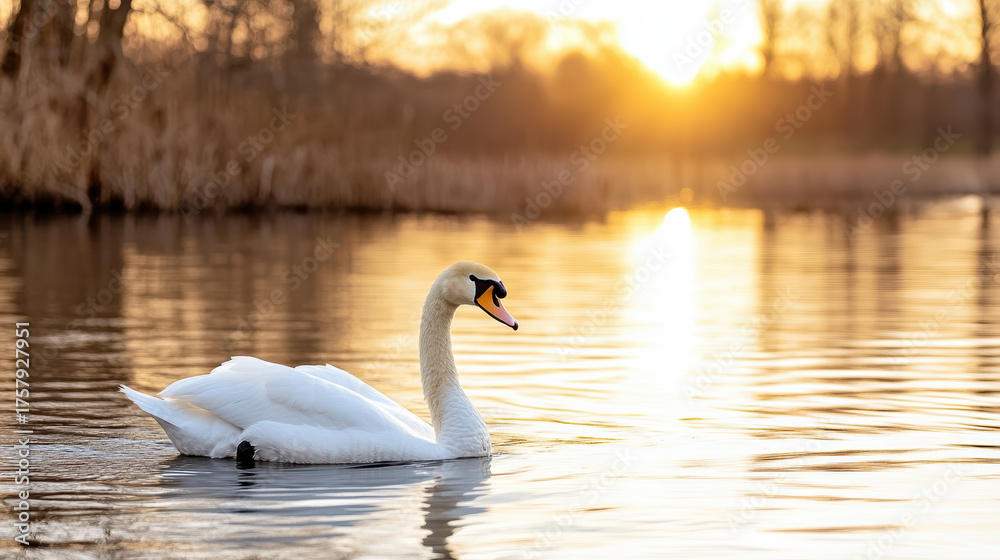 Fototapeta premium Elegant white swan gliding across tranquil lake at sunrise, creating serene atmosphere