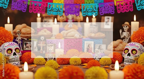 Day of the Dead altar with colorful decorations and candles.