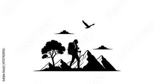 wilderness nomad navigating lofty terrain, discovering freedom, embracing grand adventure, isolated on transparent background