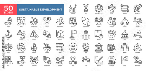 Sustainable Development collection set. Challenge,Natural Resource,Needs,Decision Making,Development,Meeting,Sustainability, icon. Simple outline vector illustration