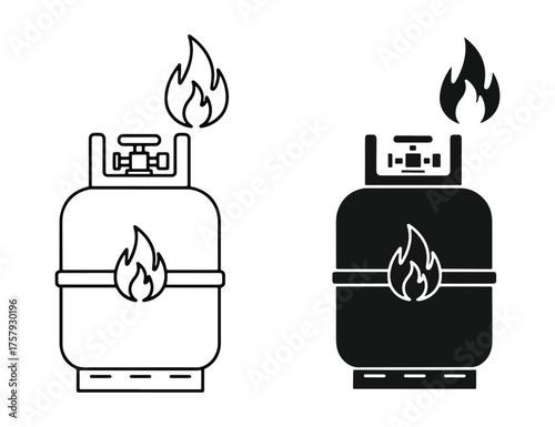 Two propane gas cylinders with flames simple icon set