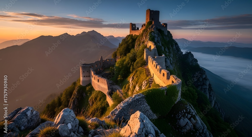 Fototapeta premium The ruins of castello di zumelle stand atop a mountain at sunrise, shrouded in mist and golden light