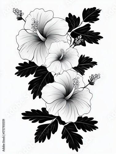 Black and white illustration of three large hibiscus flowers surrounded by detailed leaves and flower buds, showcasing delicate linework and elegant floral design