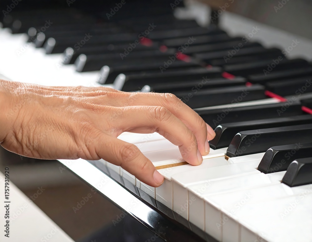 Obraz premium Close-up of hand playing a piano keyboard, with fingers on keys