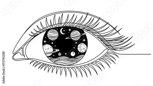 High-Quality Black Continuous Line Art of Planets in an Open Eye with Stars and Moon in the Iris – Symbol of Intuition, Vision, and Cosmic Insight