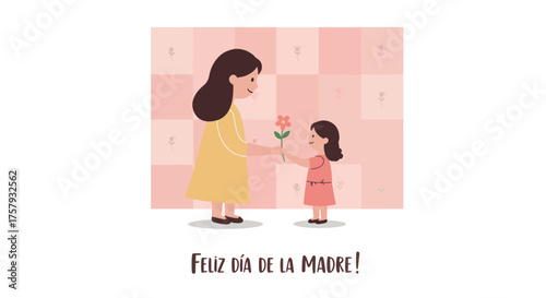 Mother Woman Giving Flower to Child Girl on Pink Floral Background for Mother's Day