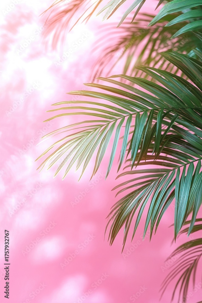 Naklejka premium Green palm leaves with light shadows cast against a soft pink background, creating a calm and tropical ambiance