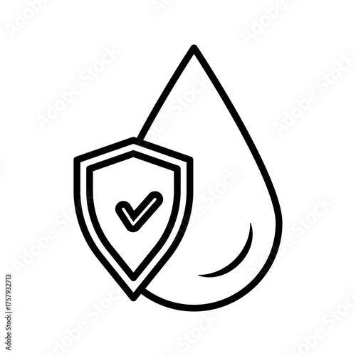 Waterproof icon set. Water resistant symbol. Water protection, liquid proof protection. Shield with water drop. Anti wetting material, surface protection. Waterproof logo, label, badge, line, vector.
