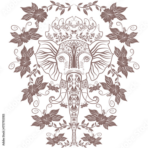 Damask floral motifs surrounding a delicate floral elephant head are ideal for wallpaper, fabric, shawls, carpets and other surfaces.