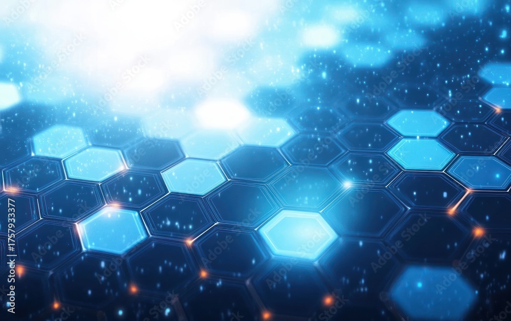 Obraz premium Glowing blue hexagonal digital grid with futuristic light effects and floating particles creating a tech-inspired atmosphere