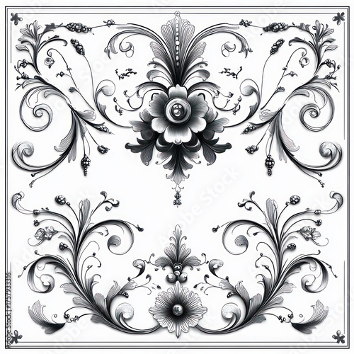 Intricate symmetrical black and white floral ornamental design with swirling leaves, flowers, and vine elements creating an elegant vintage pattern