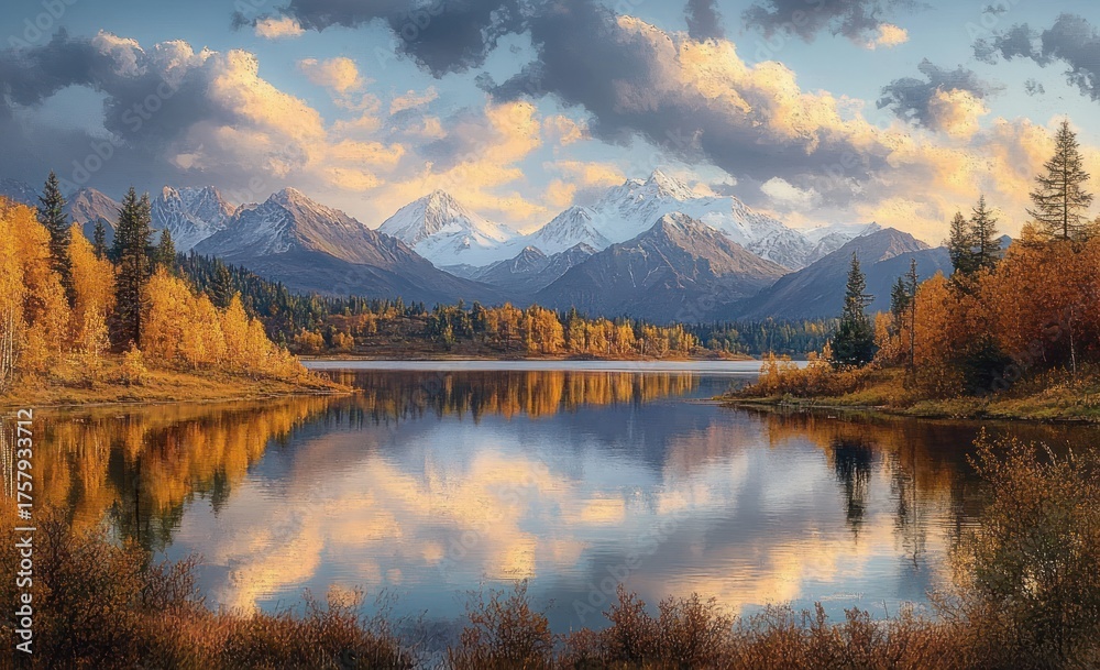 Fototapeta premium serene lake reflecting autumn trees and snow-capped mountains under a vibrant sky with scattered clouds
