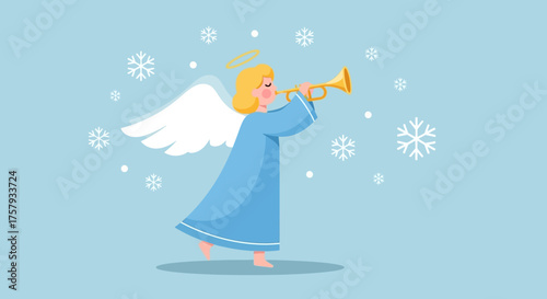 Angel Playing Trumpet in Winter Scene with Snowflakes.