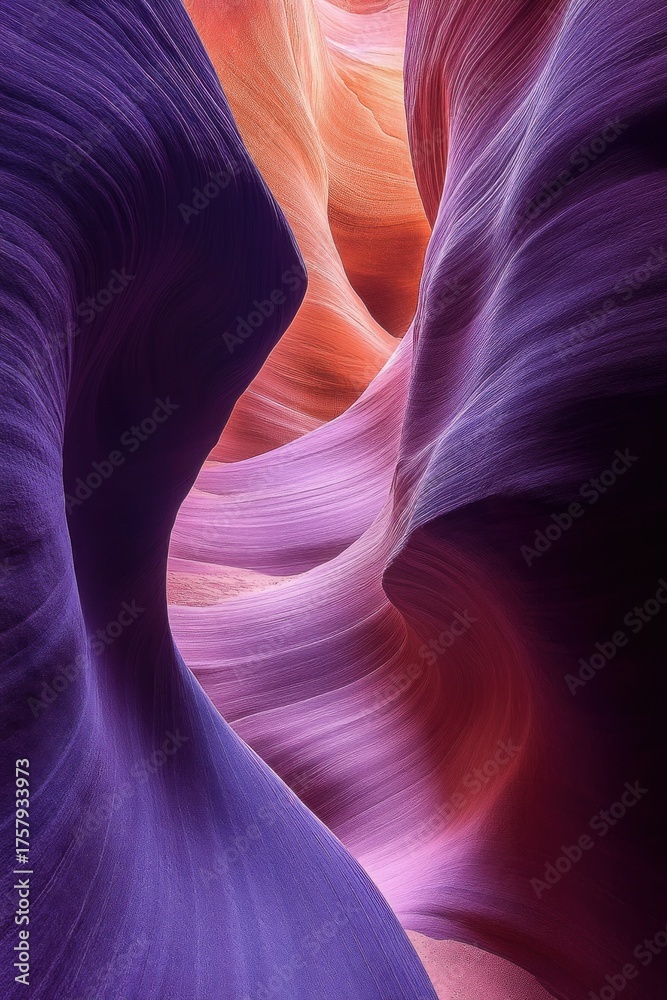Obraz premium Curved smooth rock formations inside a slot canyon illuminated by natural light showing vibrant orange, pink, and purple hues with flowing textured surfaces