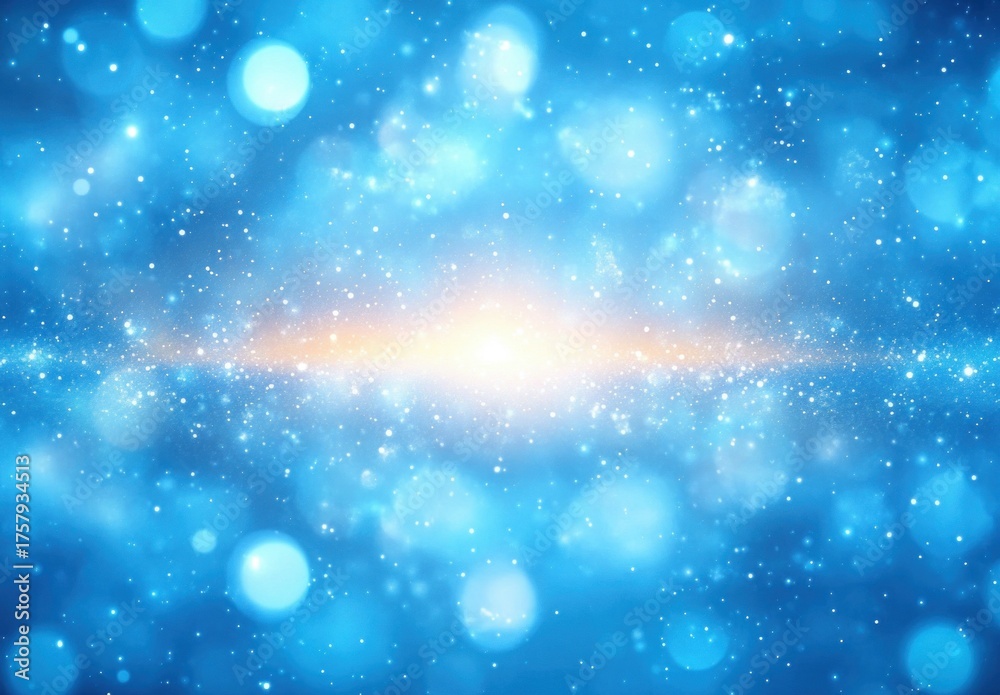 Fototapeta premium Bright glowing center surrounded by blue bokeh lights and scattered sparkling particles creating a dreamy, cosmic, and magical atmosphere