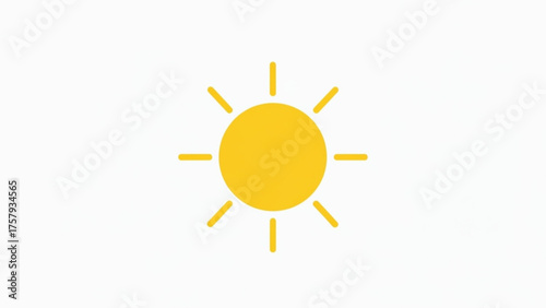 Bright, warm yellow sun with radiating light rays on a clean white background, symbolizing daylight, sunshine, and clear weather conditions for various applications